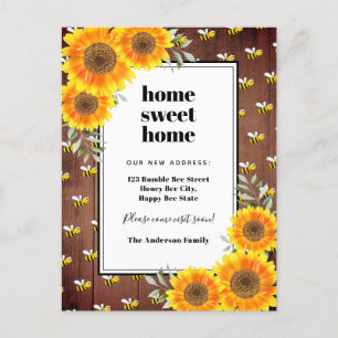 Sunflowers rustic bumble bees new home moving announcement postcard