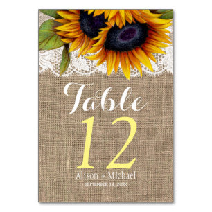 Sunflowers rustic burlap fall wedding table number