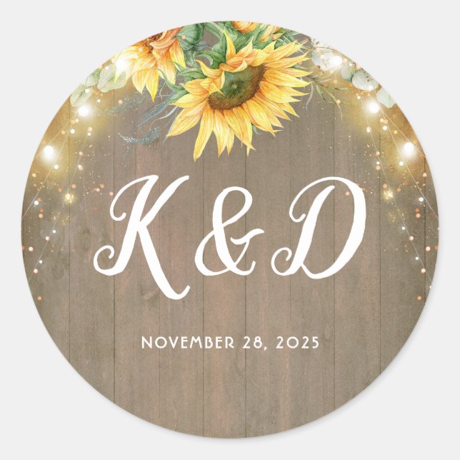 Sunflowers Rustic Country String Lights Wedding Classic Round Sticker (Front)