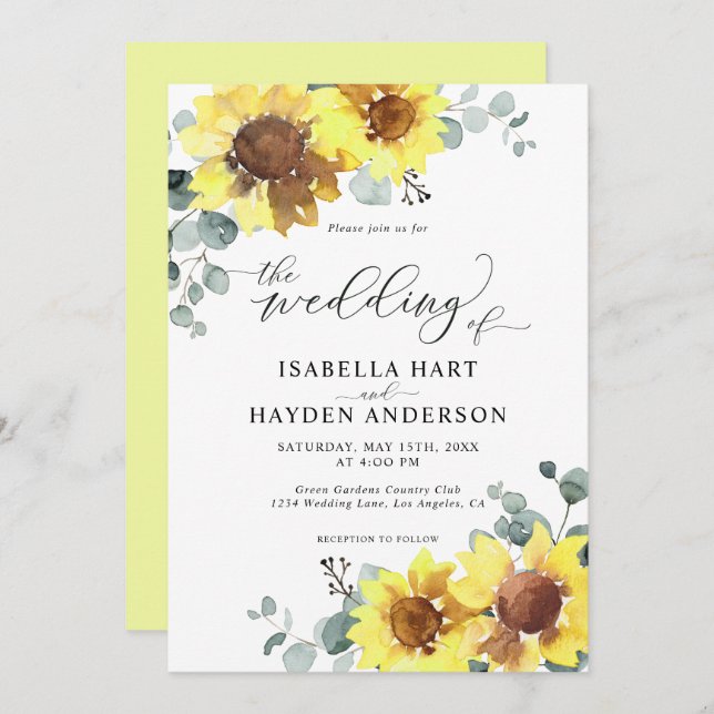Sunflowers Rustic Floral Eucalyptus Yellow Wedding Invitation (Front/Back)