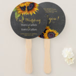 Sunflowers rustic grey chalkboard wedding favour hand fan<br><div class="desc">Elegant rustic country wedding favour thank you round hand fan template featuring beautiful bright yellow and orange gold sunflowers bouquets and a chic faux gold calligraphy script on a dark grey charcoal chalkboard background. Easy to personalize with your your details! Suitable for chic rustic country | farmhouse | cottage summer...</div>