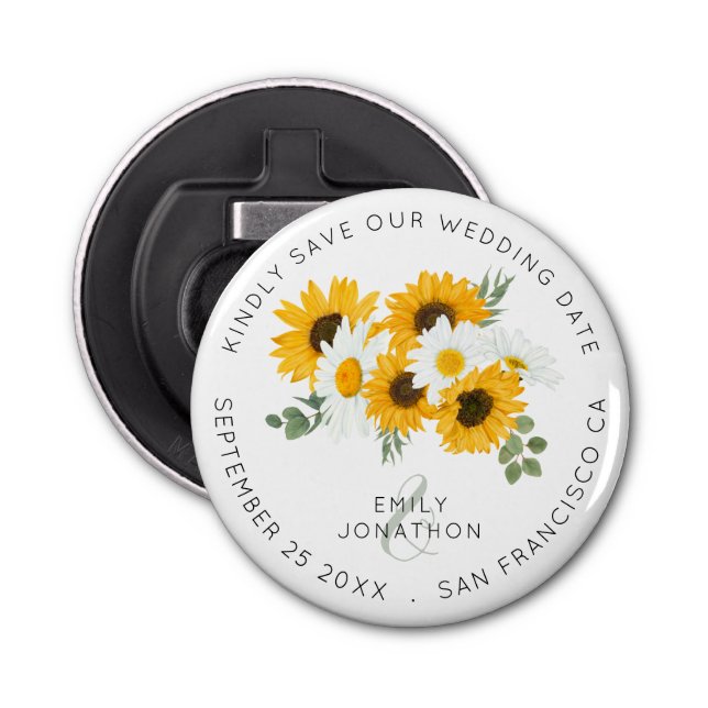 Sunflowers Rustic Keepsake Floral Save The Date Bottle Opener (Front)