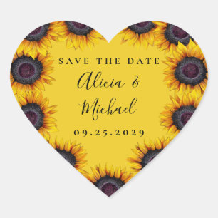 Sunflowers rustic modern script wedding save date heart sticker