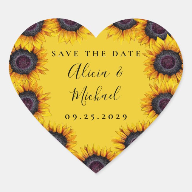 Sunflowers rustic modern script wedding save date heart sticker (Front)