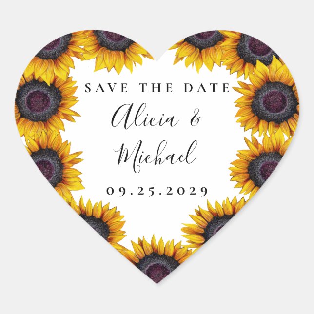 Sunflowers rustic modern script wedding save date heart sticker (Front)