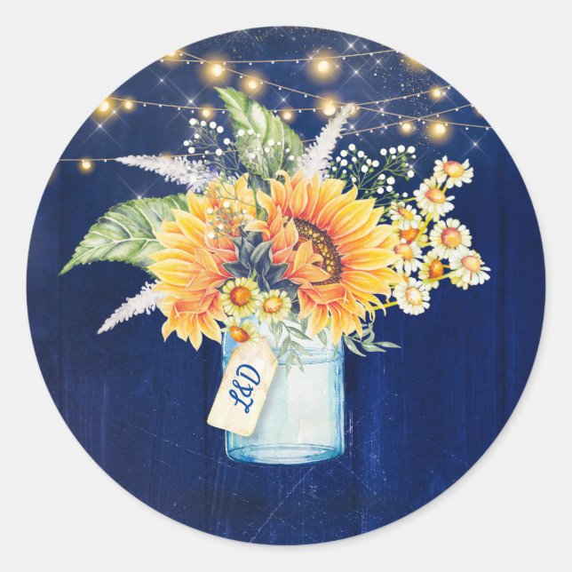 Sunflowers Rustic Navy Blue Fall Wedding Mason Jar Classic Round Sticker (Front)