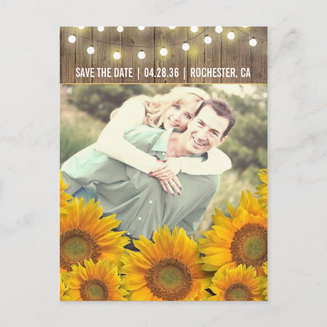 Sunflowers Rustic Photo Save The Date Postcards (Front)