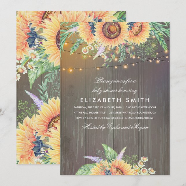 Sunflowers Rustic String Lights Wood Baby Shower Invitation (Front/Back)