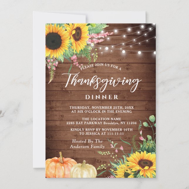 Sunflowers Rustic Thanksgiving Dinner Invitation (Front)