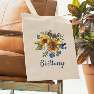 Sunflowers Rustic Watercolor Bridesmaid Name Tote Bag