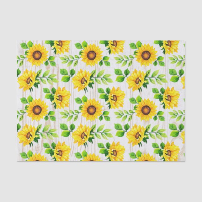 Sunflowers & Rustic Wood Botanical Pattern Party Tissue Paper (Front)