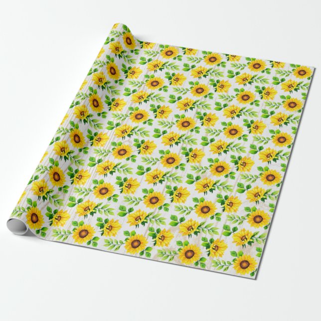 Sunflowers & Rustic Wood Botanical Pattern Party Wrapping Paper (Unrolled)