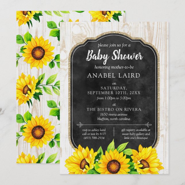 Sunflowers & Rustic Wood Country Farm Baby Shower Invitation (Front/Back)