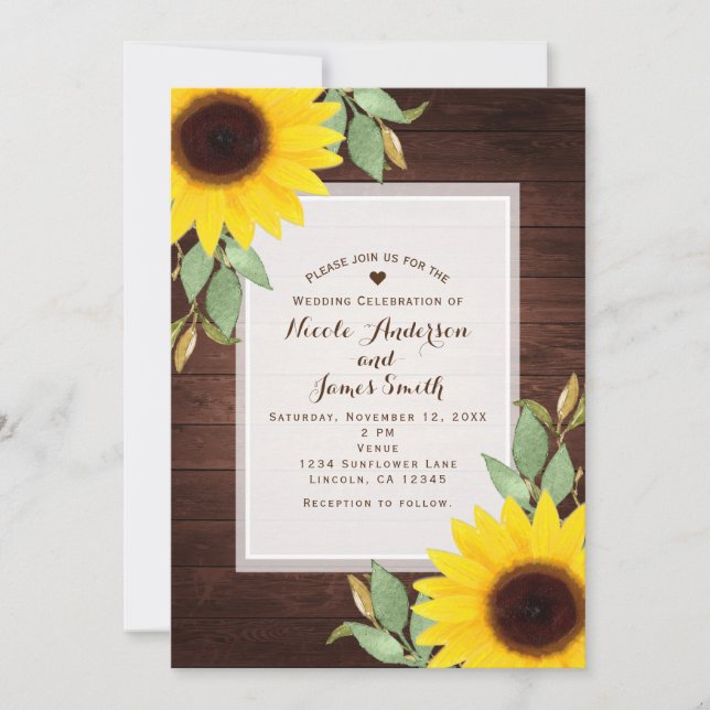 Sunflowers Rustic Wood Elegant Country Wedding Invitation (Front)