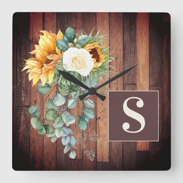Sunflowers Rustic Wood Eucalyptus Leaves Monogram  Square Wall Clock (Front)