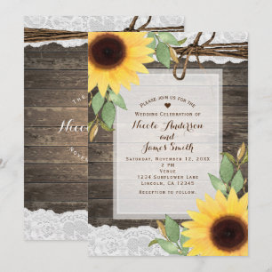 Sunflowers Rustic Wood  & Lace Country Wedding Invitation
