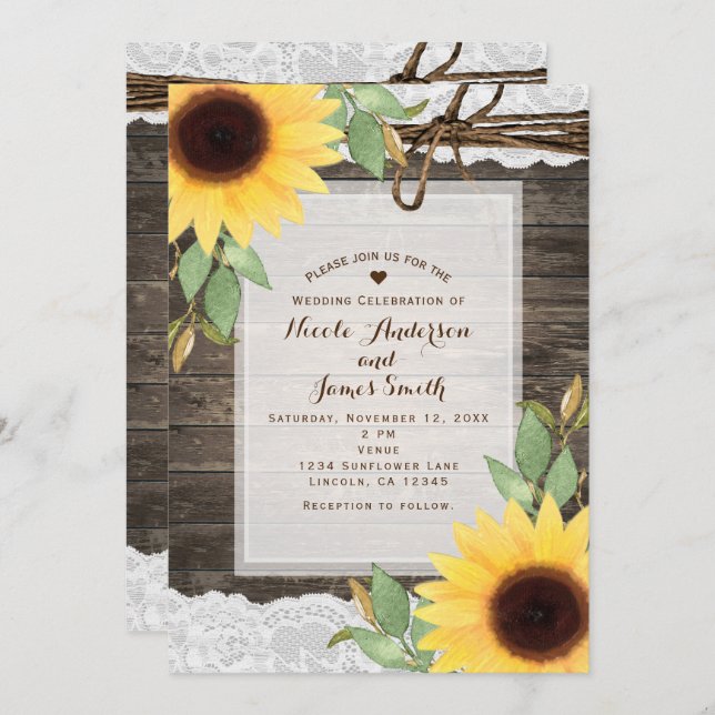 Sunflowers Rustic Wood  & Lace Country Wedding Invitation (Front/Back)