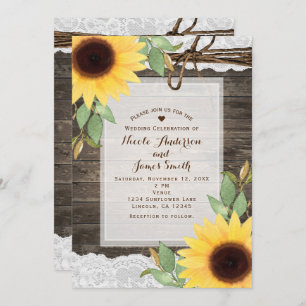 Sunflowers Rustic Wood & Lace Country Wedding Invitation