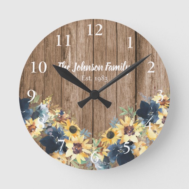Sunflowers Rustic Wood Nom de famille Horloge de c (Recto)
