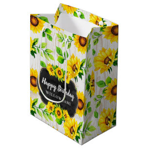 Sunflowers & Rustic Wood Pattern Party Custom Name Medium Gift Bag