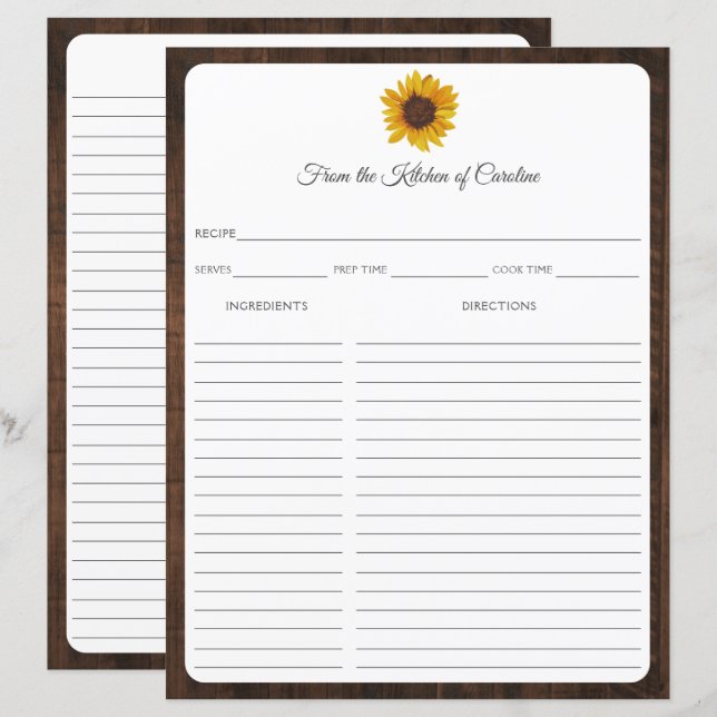 Sunflowers Rustic Wood Recette Carte Classeur Inse (Devant / Derrière)