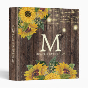 Sunflowers Rustic Wood String Lights Monogram Binder