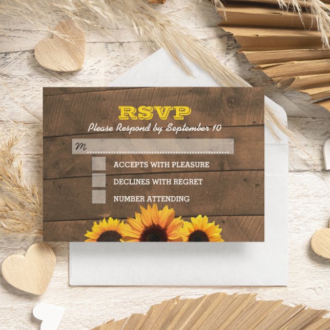 Sunflowers & Rustic Wood Wedding Carte RSVP (Créateur téléchargé)