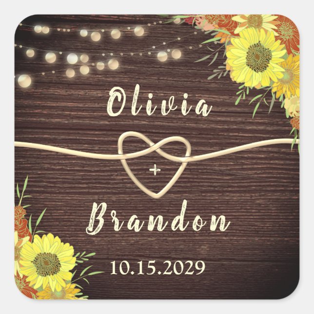 Sunflowers Rustic Wood Wedding Favour Square Sticker (Front)