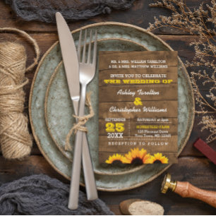 Sunflowers & Rustic Wood Wedding Invitation