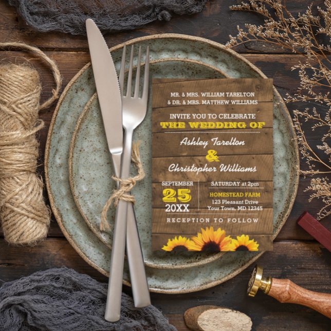Sunflowers & Rustic Wood Wedding Invitation (Creator Uploaded)