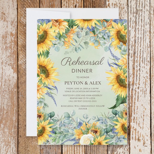 Sunflowers Sage Green Eucalyptus Leaves Rehearsal  Save The Date (Sunflowers and eucalyptus leaves Rehearsal Dinner invitation)