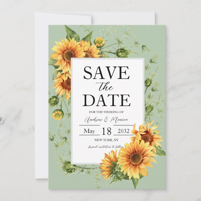 Sunflowers Sage Green Wedding Save The Date (Front)
