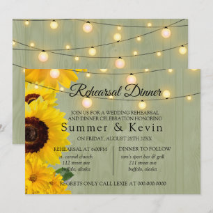 Sunflowers Sage Wood Lights Rehearsal Dinner Invitation