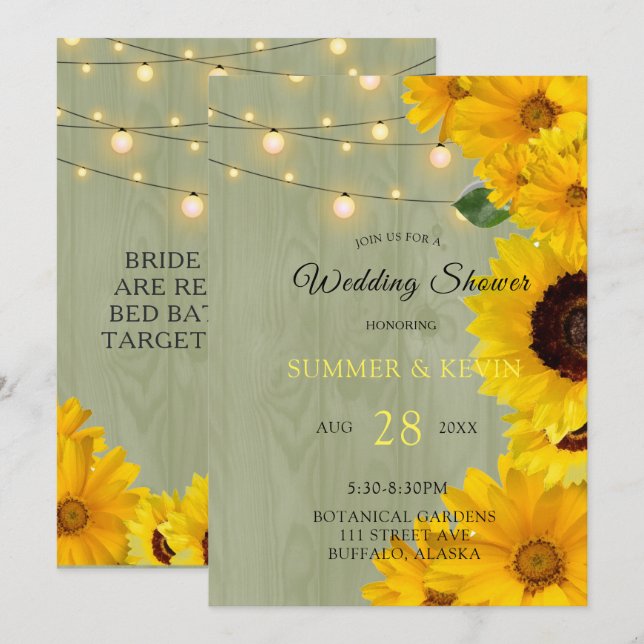 Sunflowers Sage Wood Lights Wedding Shower Invitation (Front/Back)