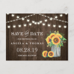Sunflowers Save the Date Rustic Wood String Lights Announcement Postcard