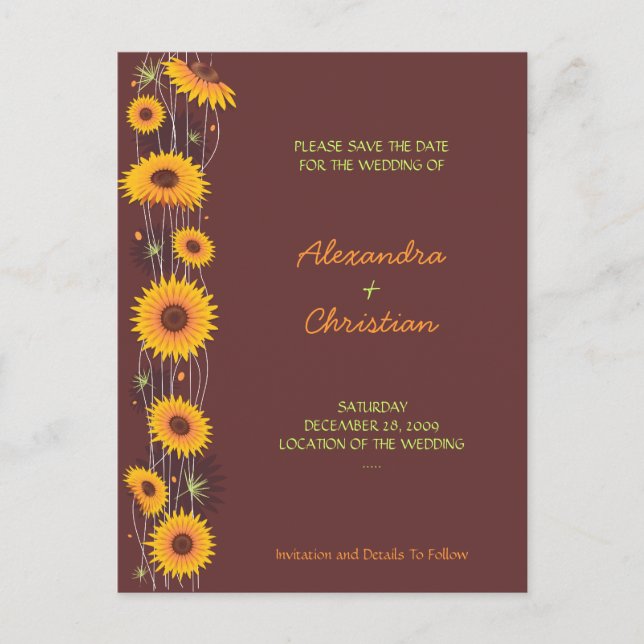 Sunflowers Save the Date Wedding Announcement 3 Postcard (Front)