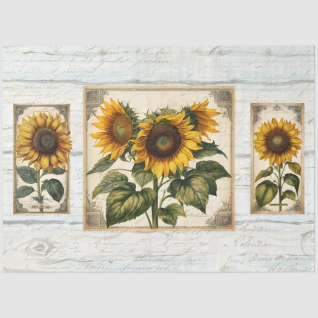 Sunflowers Script Ephemera Rustic Wood Decoupage Tissue Paper (Front)