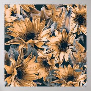 Sunflowers seamless pattern. Autumn watercolor bac Poster