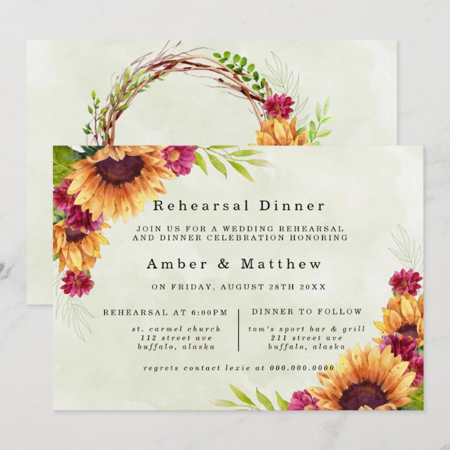 Sunflowers Spring Pink Floral Rehearsal Dinner Invitation (Front/Back)