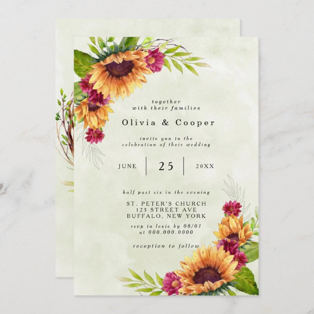 Sunflowers Spring Pink Floral Wedding Invitation (Front/Back)