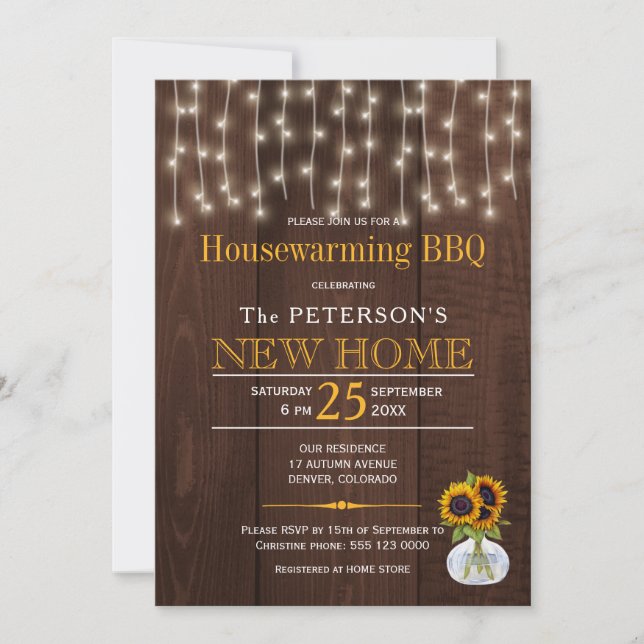 Sunflowers string lights autumn housewarming bbq invitation (Front)