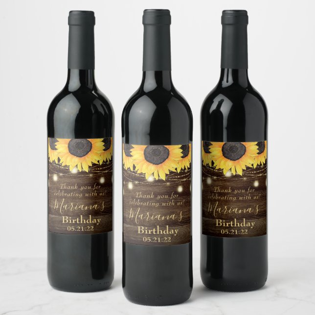 Sunflowers String Lights Birthday Party Favours Wi Wine Label (Bottles)