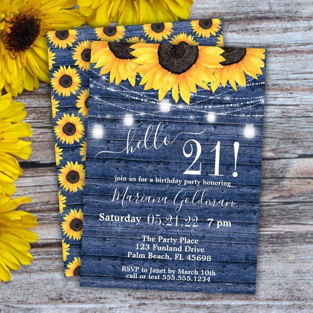 Sunflowers String Lights Blue 21st Birthday Party Invitation (Creator Uploaded)