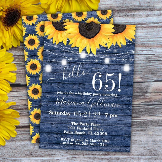 Sunflowers String Lights Blue 65th Birthday Party Invitation (Creator Uploaded)