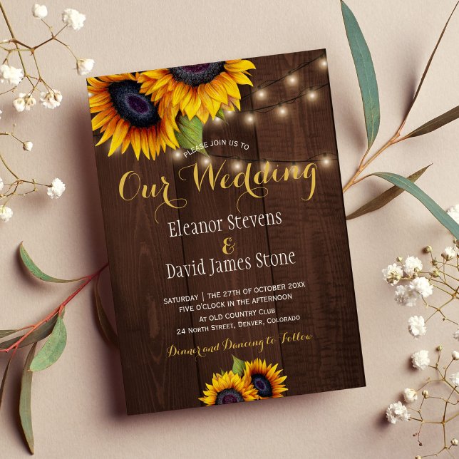 Sunflowers string lights fall trendy wedding invitation (Creator Uploaded)
