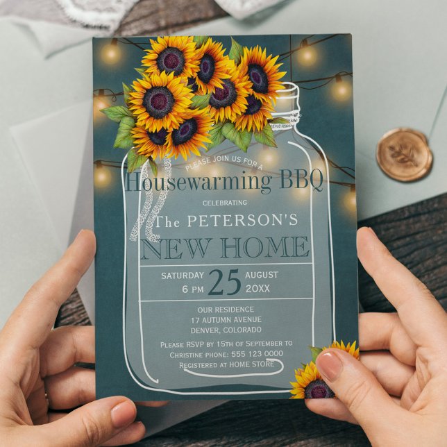 Sunflowers string lights jar housewarming bbq invitation (Creator Uploaded)