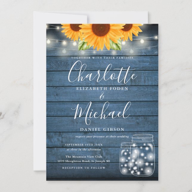 Sunflowers String Lights Mason Jars Blue Wedding Invitation (Front)