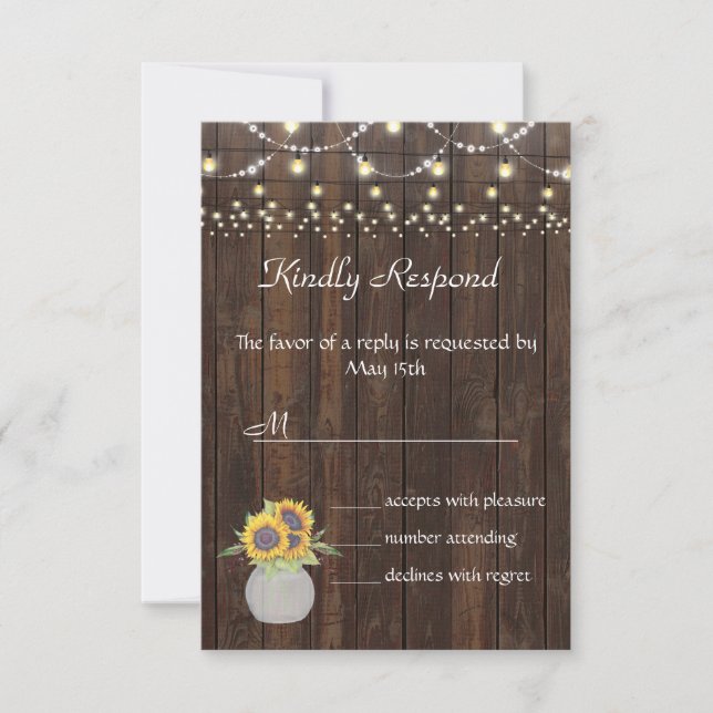 Sunflowers String Lights Old Wood Wedding RSVP Card (Front)