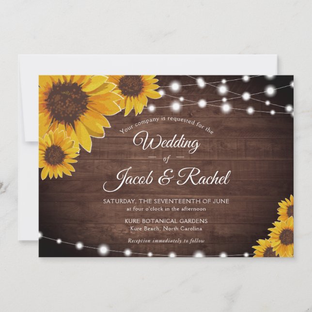 Sunflowers & String Lights on Wood Rustic Wedding Invitation (Front)