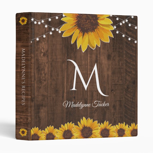 Sunflowers & String Lights Rustic Recipe Cookbook Binder (Front/Spine)